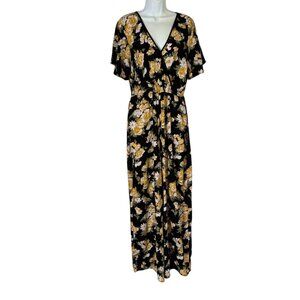 Xhilaration Floral Jumpsuit Large Black Yellow Flutter Sleeve Pockets Elastic